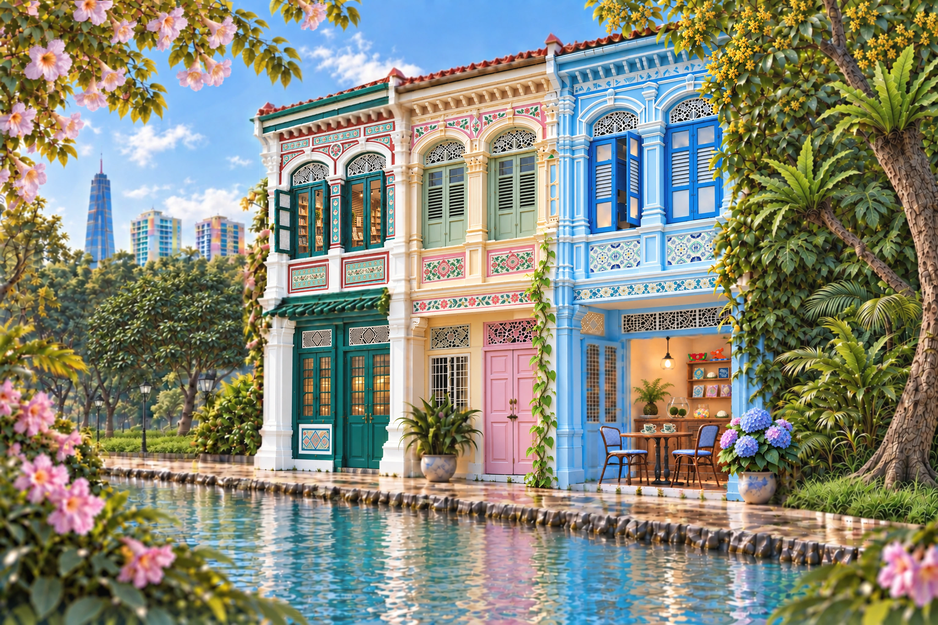 Three ornate Peranakan shophouses beside reflective rainwater, with a skyscraper and two HDB blocks in the distance.