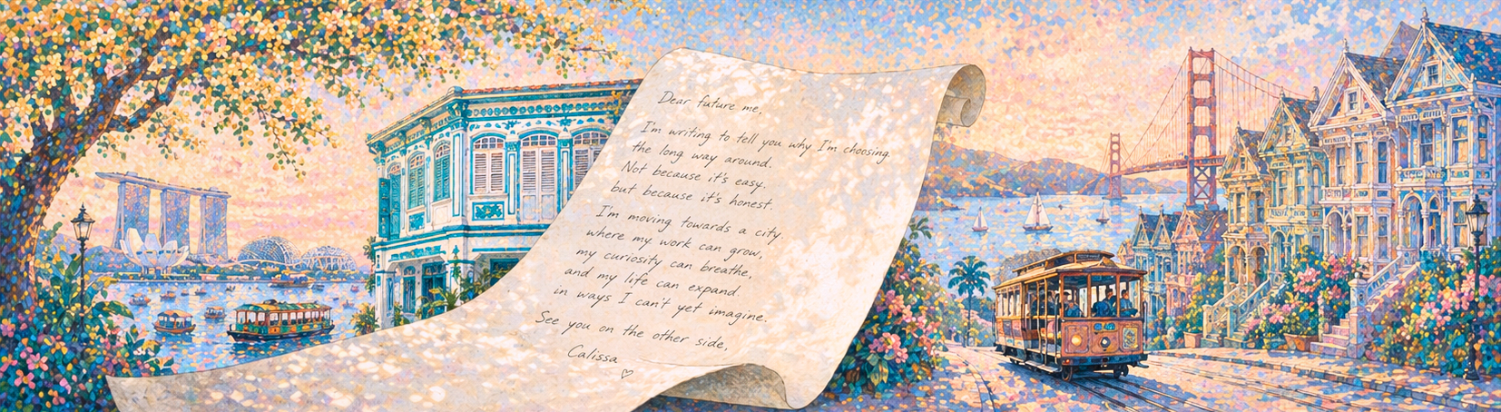 Illustrated banner blending Singapore and San Francisco with a handwritten note.