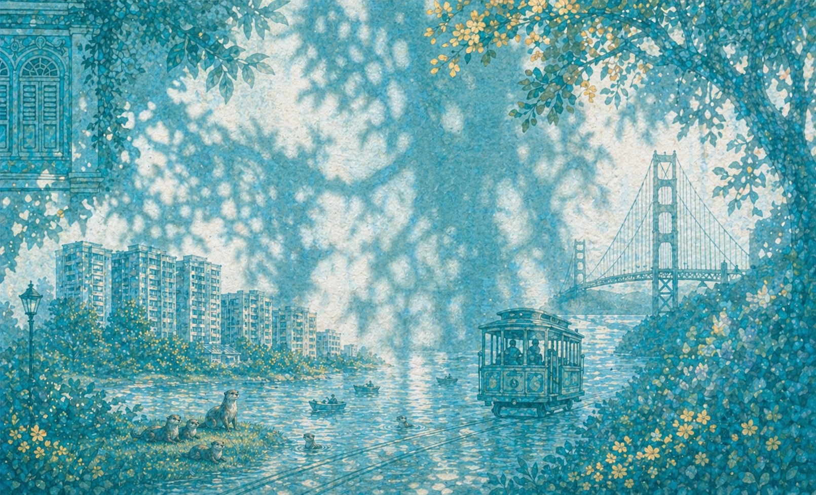 Blue-green illustrated waterfront merging Singapore, San Francisco, and home.