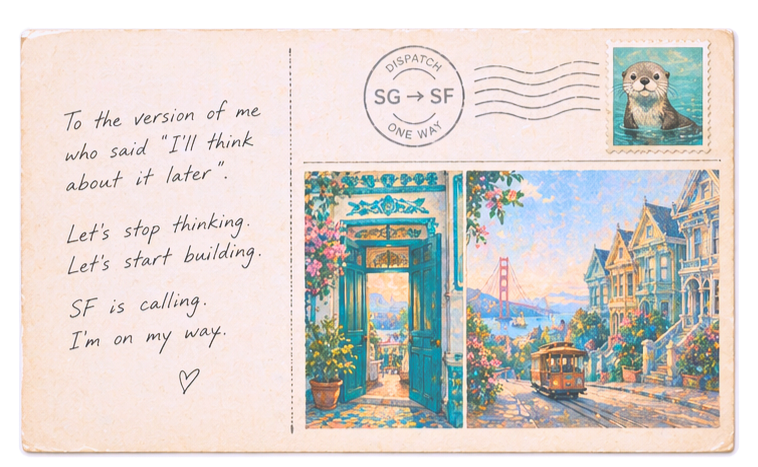 Postcard-style illustration addressed from Singapore to San Francisco.